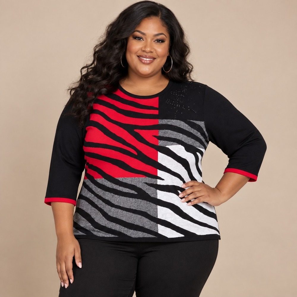 Alfred Dunner Jet Setter Zebra Colorblock Sweater Women's 3X Plus Mob Wife Artsy